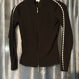 Black Ribbed Zip-Up Sweater with White Accents